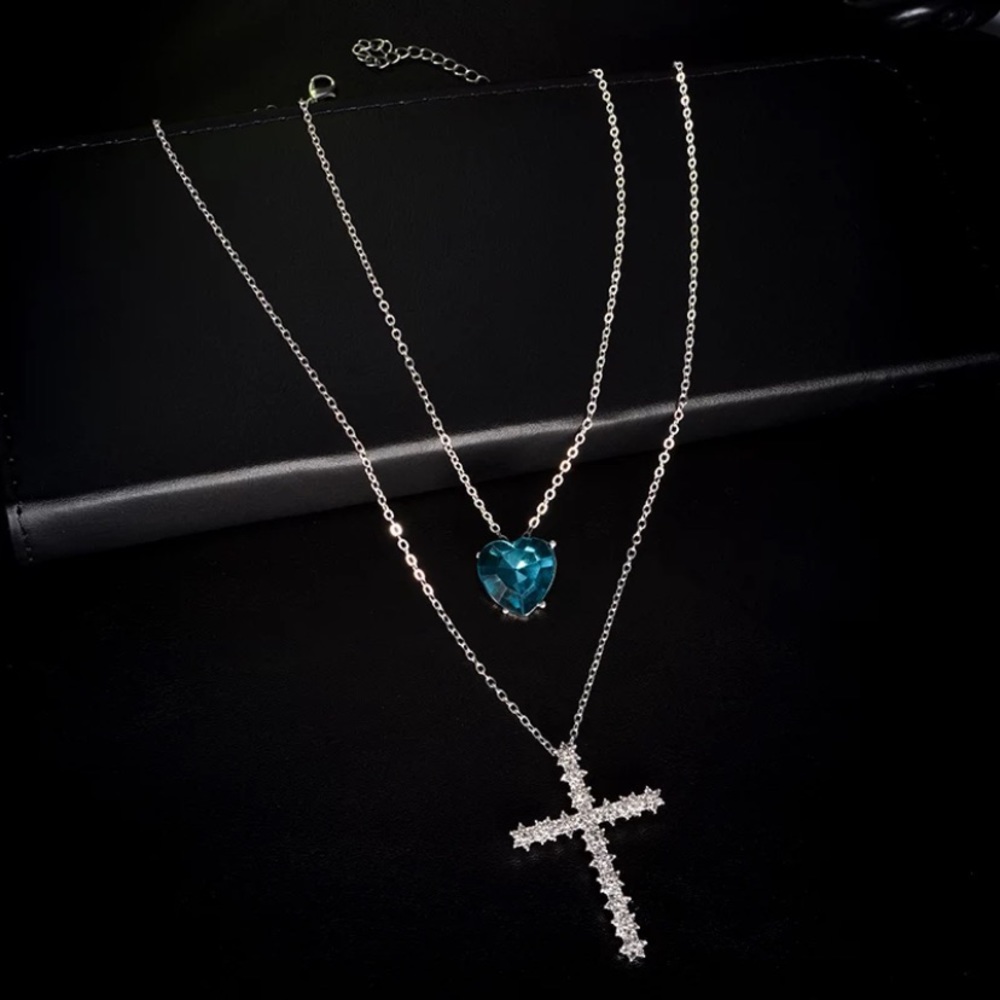 Silver Cross with Blue Heart Gem Layer Necklace